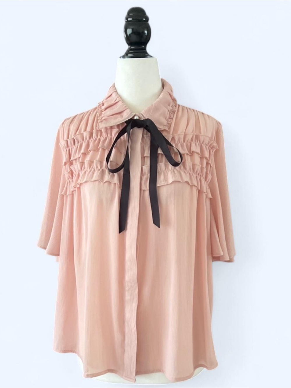 Zara Dusty Pink Sheer Ruffle Bow‎ Tie Blouse Flutter Sleeve Coquette M